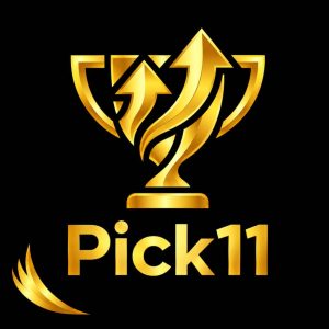 Pick11 Game golden trophy logo with a premium black background and stylish gold lettering